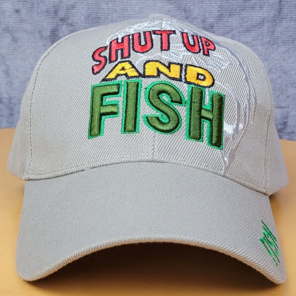 Embroidered Shut Up & Fish Fishing Hat Biege Adjustable Hook & Loop Trucker Cap - Picture 3 of 16
